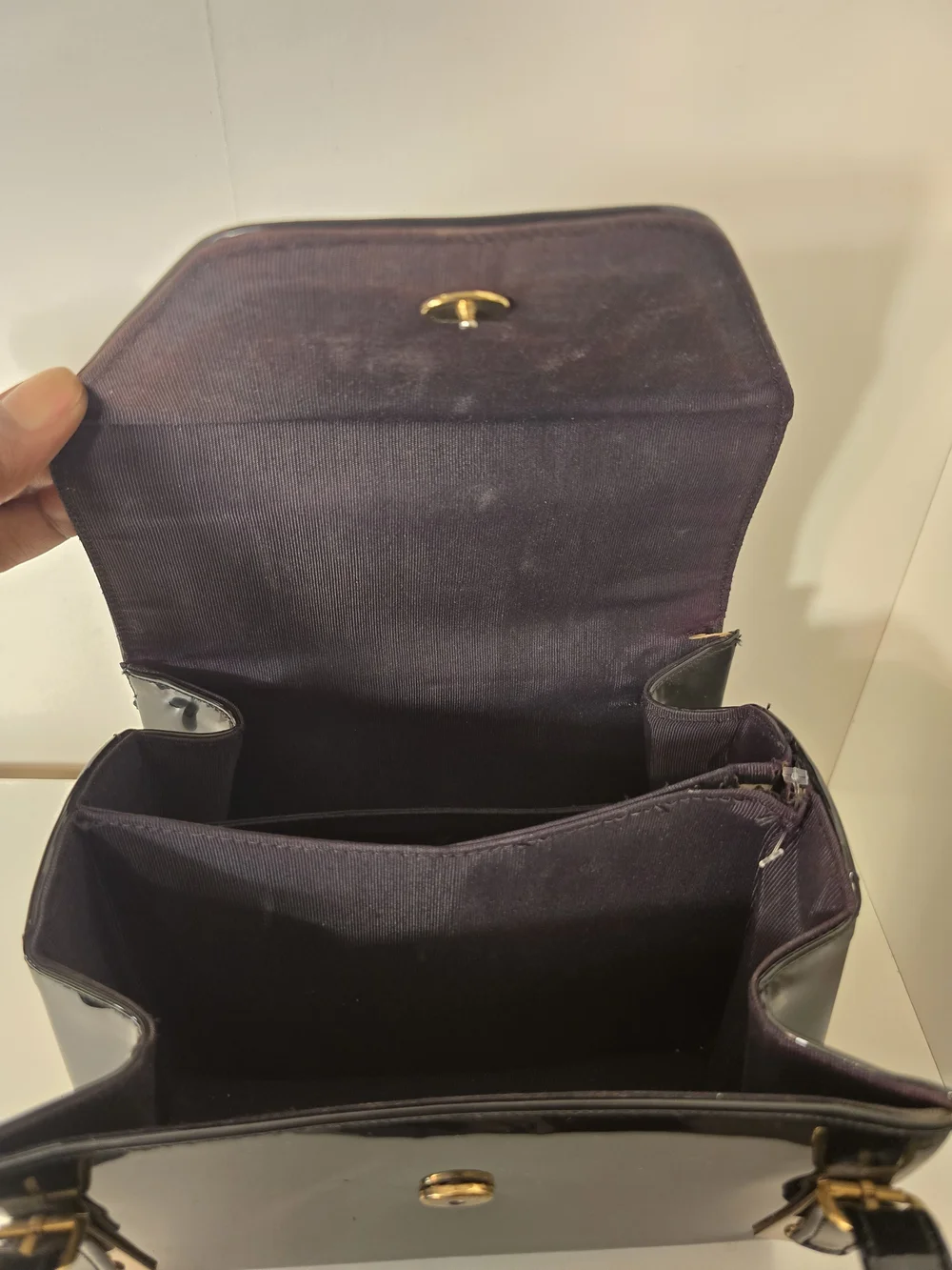 Vintage Black Patent Structured Box Handbag with Dual Handles